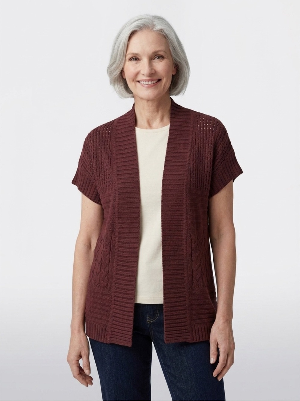 Coldwater creek cardigan open knit crochet short sleeve bohemian layering